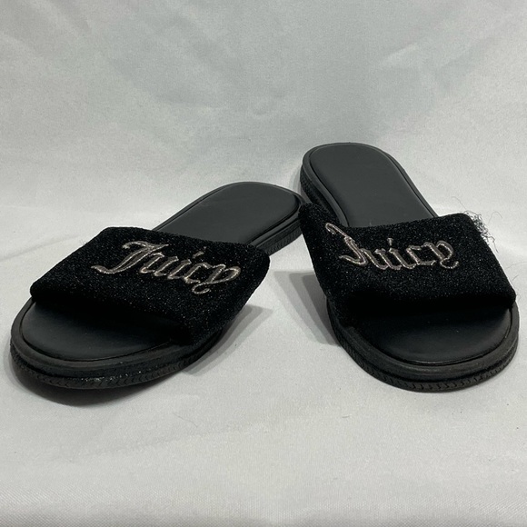 women’s size 7 Juicy Couture black fuzzy slides with gold embroidery, good cond - Picture 3 of 6
